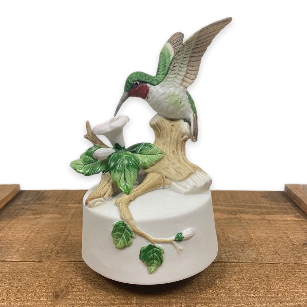Vintage Arnart 1984 Hummingbird & Flowers Rotating Music Box Ceramic